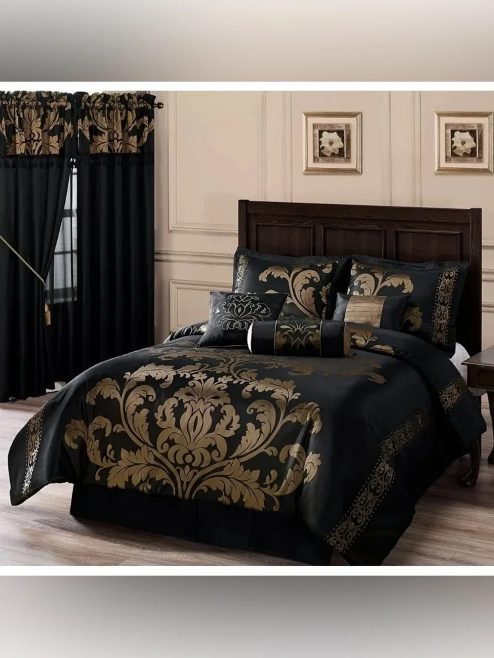 Luxury Black and Gold Damask Queen 3 piece Comforter Set